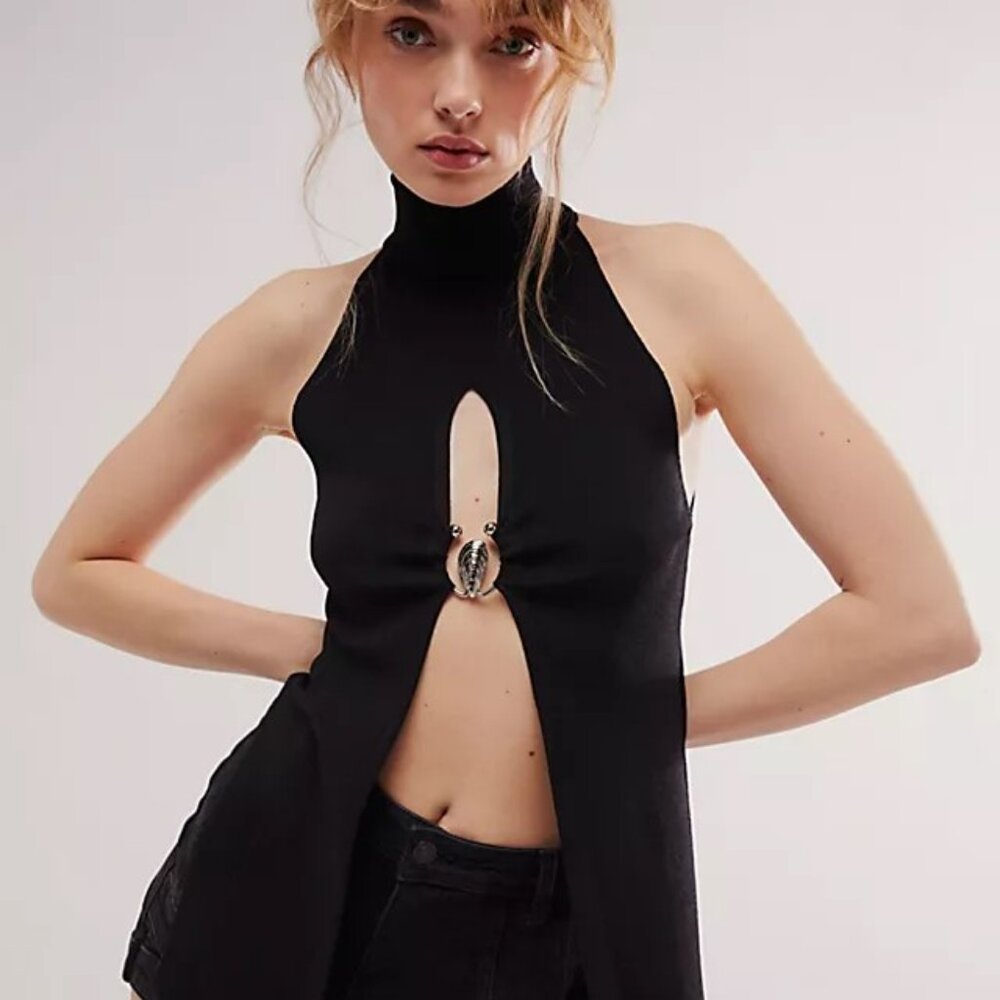 Free People Black Halter Cutout Top with Center Ring